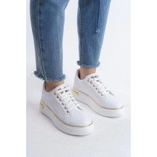 Joy Ayakkabı Mına Bağcıklı Ortopedik Taban Kadın Sneaker Spor Ayakkabı  Cbt - Beyaz/altın