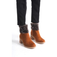Joy Ayakkabı Katya Fermuarlı Ortopedik Taban Topuklu Kürk Detaylı Süet Kadın Bot  Stt - Taba