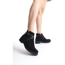 Joy Ayakkabı Almıla Fermuarlı Lastikli Ortopedik Taban Topuklu Süet Kadın Bot Sst - Siyah