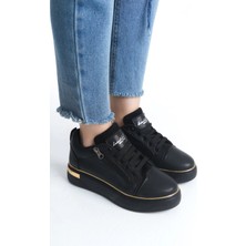 Joy Ayakkabı Dına Bağcıklı Fermuarlı Ortopedik Taban Kadın Sneaker Spor Ayakkabı  Cst - Siyah/altın