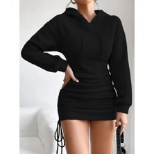 Arben Boutique Kadın Uzun Kollu Kapşonlu Yandan Büzgülü Mini Viskon Iki Iplik Elbise