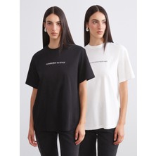 Soulife Bisiklet Yaka Baskılı Oversize Kadın Tişört 2'li