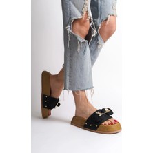 Joy Ayakkabı Dıla Kalın ve Ortopedik Taban Ayıcıklı Saten Kadın Terlik  Skt - Siyah