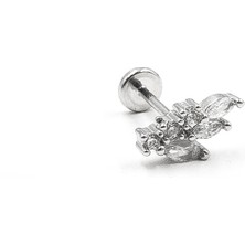 Sose Moda Yaprak Figürlü Zirkon Taşlı Gümüş Tragus Helix Piercing | Anti Alerjik, Kararma Yapmaz