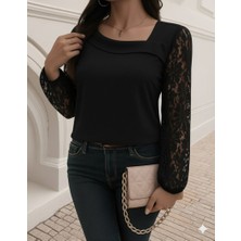 Arben Boutique Kadın Uzun Kollu Asimetrik Yakalı Dantelli Ithal Krep Bluz