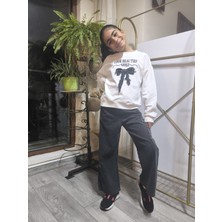 Şimo Butik Bayramlık Kız Çocuk Bol Paça Kot Pantolonlu Takım (Sweatshirt+ Beli Lastikli Pantolon) Kurdeleli Siyah