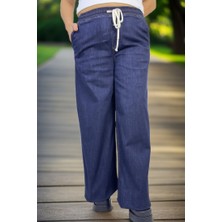 Yagmur Beren  Beli Geniş Lastikli Bağcıklı Ful Likralı Geniş Paça Büyük Beden Jean Kot Pantolon
