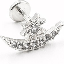 Sose Moda Ay Yıldız Figürlü Zirkon Taşlı Gümüş Tragus Helix Piercing | Anti Alerjik, Kararma Yapmaz