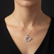 Modahilye 925 Ayar Gümüş Ay Yıldız Hilal Zirkon Taşlı Kadın Kolye