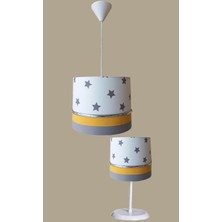 Onay Avize Beyaz Yıldızlı Sarı 2.li Set M-0385 Kumaş Kaplama Genç ve Çocuk Odası Avize ve Abajur Takımı