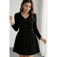 Mç Plus Kadın Uzun Kollu Düğme Detaylı Kendinden Kemerli Ithal Krep Elbise