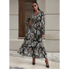 Kadın Uzun Kollu Kruvaze Yaka Beli Lastikli Uzun Desenli Maxi Elbise
