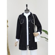 Cebi ve Omuzları Incili Random Yıkama Kot Ceket -Siyah