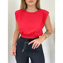Omuzları Vatkalı Beli Lastikli  Bluz -Kırmızı