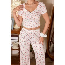 Ekru V Yaka Kısa Kollu Crop Pijama Takımı 7379