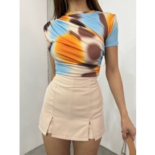 Bel Omuz Büzgülü Batik Baskı Sendy Bluz -Kayısı Rengi