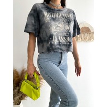 Motosiklet Baskılı Yıkamalı Crop Tişort -Gri