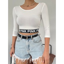 Pink Yazılı Fakir Kol Lastikli Crop -Ekru