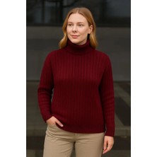 Balıkcı Yaka Bağazlı Triko Kazak Pamuklu Kalın Fitilli Dokuma - Bordo