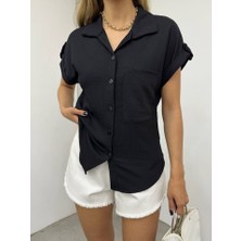 Duble Kol Tek Cepli Bürümcük Gömlek  -Siyah