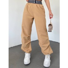 Beli Bantlı Paçası Lastikli Pantolon -Vizon