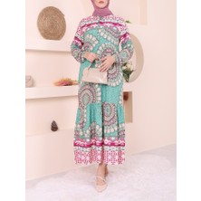 Parçalı Deseli Bağcıklı Kolu Lastikli Elbise  -Yeşil