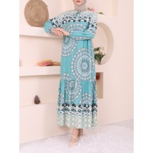 Parçalı Deseli Bağcıklı Kolu Lastikli Elbise  -Mint