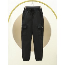 Beli ve Paçası Lastikli Bağcıklı Kargo Kot Pantolon -Siyah