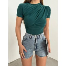 Çapraz Büzgülü Kısa Kol Sandy Bluz -Zümrüt