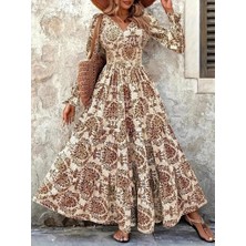 Kadın Uzun Kollu V Yakalı Desenli Süprem Elbise