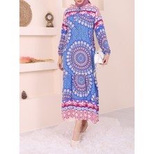 Parçalı Deseli Bağcıklı Kolu Lastikli Elbise  -Mavi