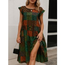 Kadın Kısa Kollu Kolları Fırfırlı Bisiklet Yakalı Kare Desenli Elbise