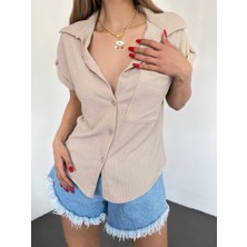 Duble Kol Tek Cepli Bürümcük Gömlek  -Bej