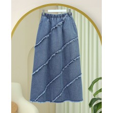 Püskül Detaylı Beli Lastikli Kot Etek  -Mavi