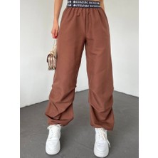 Beli Bantlı Paçası Lastikli Pantolon -Kahve