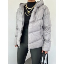 Sabit Kapşonlu Fermuarlı Kışlık Mont -Gri