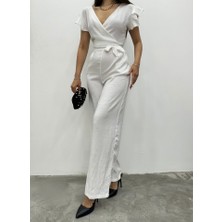 Fermuar Detaylı Fırfırlı Tulum   -Beyaz