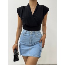 Sıfır Kol Vatkalı Kruvaze Model Sandy Bluz -Siyah