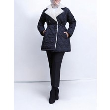 Beli Lastikli Peluş Detaylı Kapitone Mont -Siyah