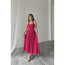 Fuşya Boyundan Bağlamalı Keten Elbise