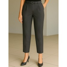 Beli Kemerli Çift Cepli Pantolon  -Füme