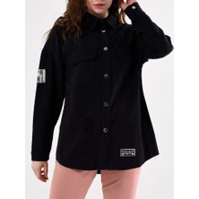 Boydan Çıtçıtlı Çift Cepli Yıpratma Detaylı Kot Ceket -Siyah