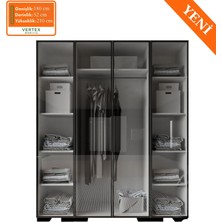 VM VERTEX MOBİLYA Floransa Alüminyum Cam Kapak 4 Kapılı Beyaz-Antrasit Çok Raflı Gardırop