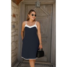 Kadın Ip Askılı Geniş V Yakalı Çift Renkli Janjan Krep Mini Elbise