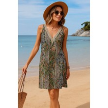 Kadın Kısa Kollu Dantel V Yakalı Desenli Süprem Elbise