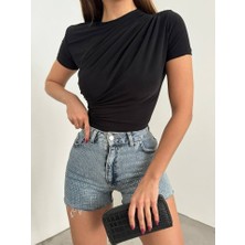 Çapraz Büzgülü Kısa Kol Sandy Bluz  -Siyah