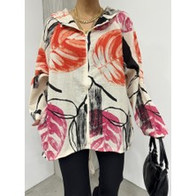 Desenli Fermuarlı Sabit Kapşonlu Keten Ceket -Turuncu