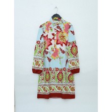 Çiçek Desenli Yarım Düğmeli Pamuk Viskon Tunik -Kiremit