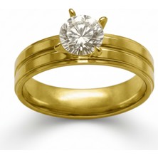 Tesbihane Altın Renk Zirkon Taşlı V Tasarım 316L Kalite Paslanmaz Çelik Kadın Tektaş Yüzük - 18 Ölçü