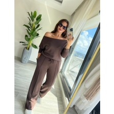 Giyimodam Kadın Uzun Kollu Tek Omuzdan Açık Modal Bluz ve Pantolon Ikili Takım